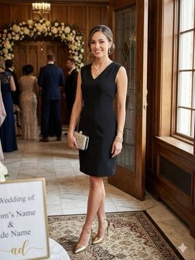 Tahari Black Sleeveless V-Neck Midi Sheath Dress